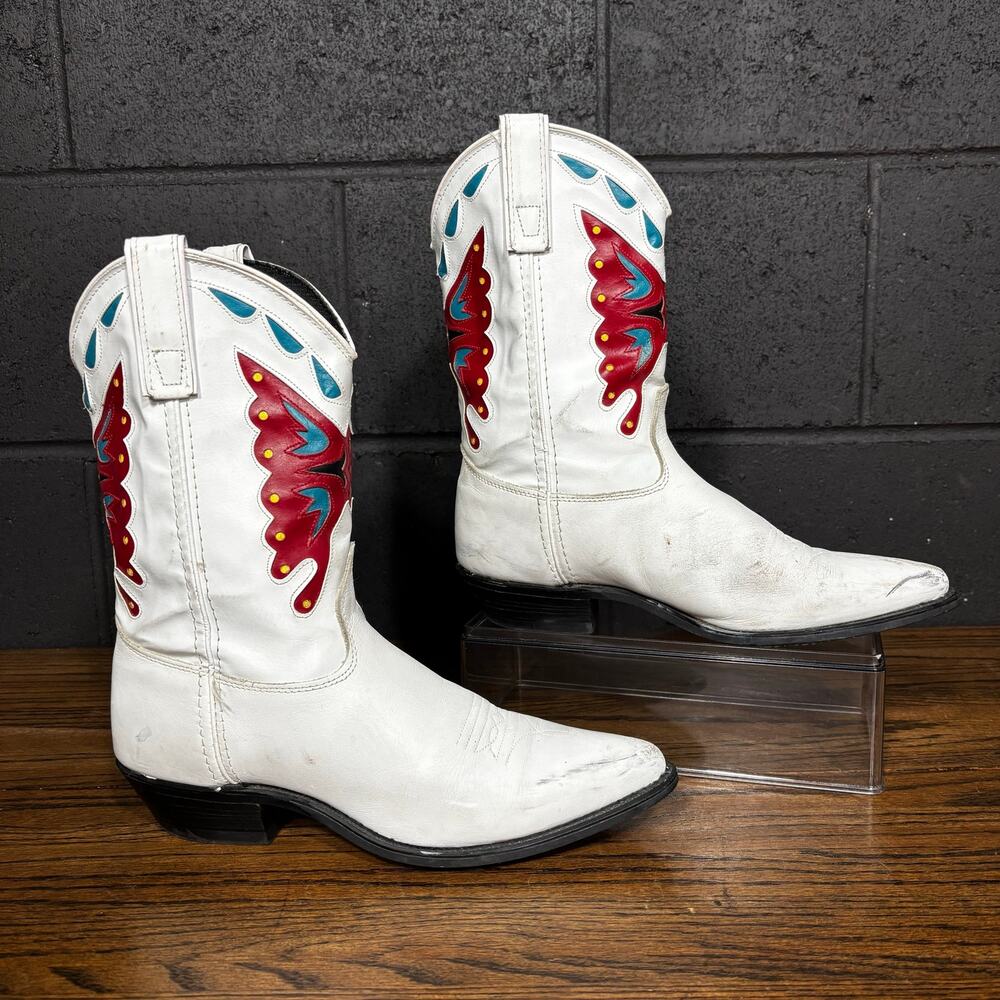 Vintage Capezio Women’s 8.5 White Leather Cowboy Boots Red Turquoise Western